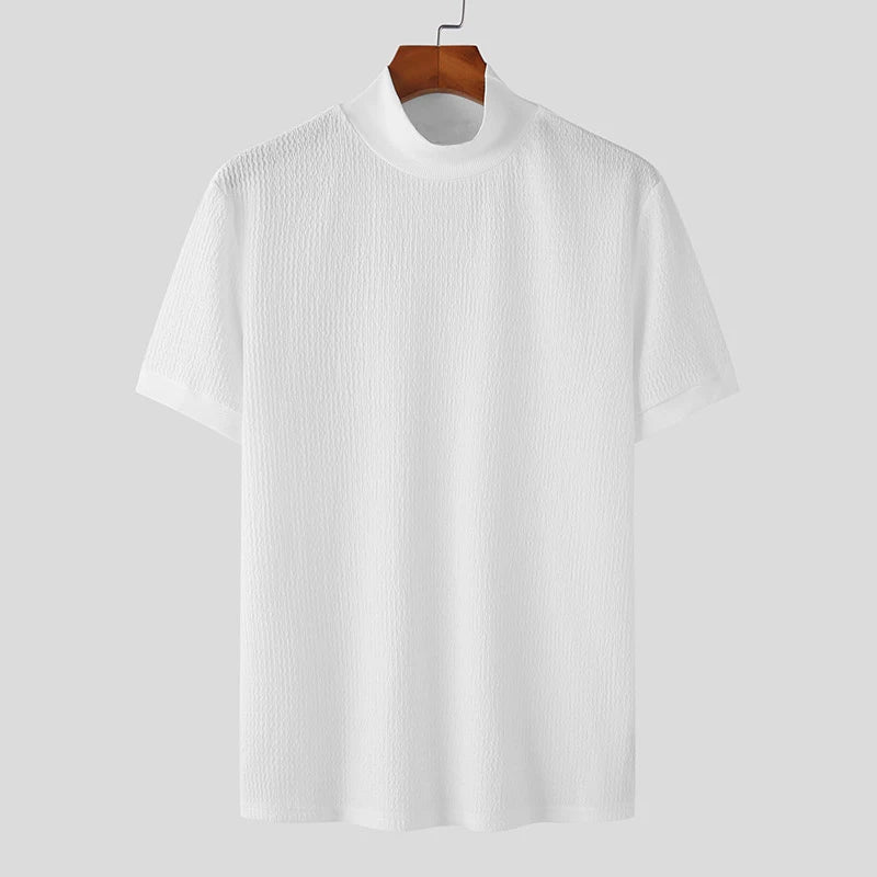 New Summer Fashion Tight T-shirt Casual Streetwear Textured High-neck Solid Color Short-sleeved Bottoming Tees Korean Style Tops