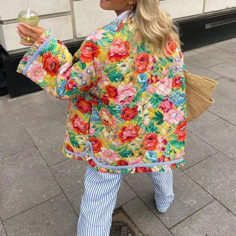 Maemukilabe Floral Print Loose Quilted Jacket .