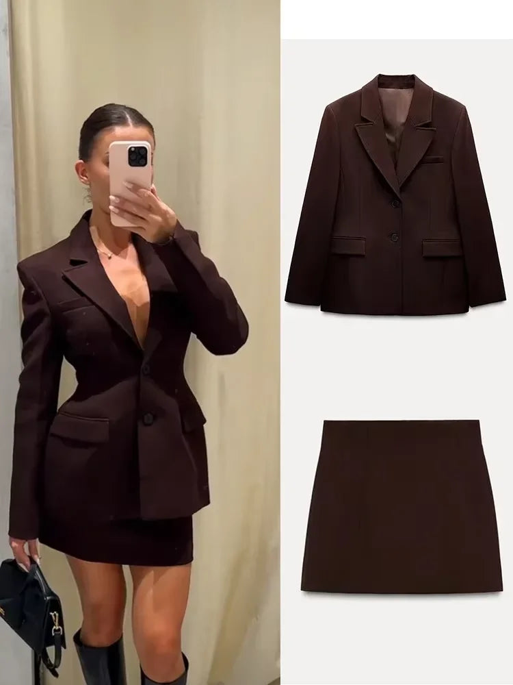 Elegant Lapel Blazer Skirt Set Women Casual Slim.