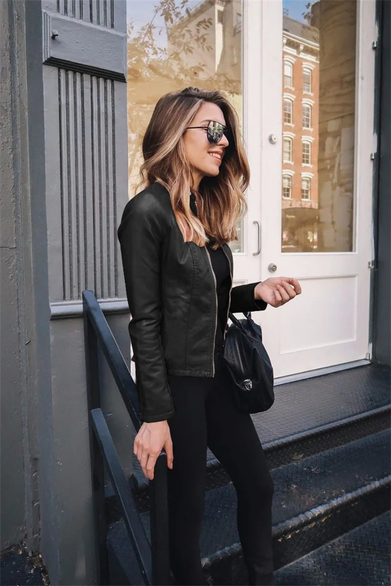 Women Cool Slim Fit Faux Leather Jacket Long Sleeve .