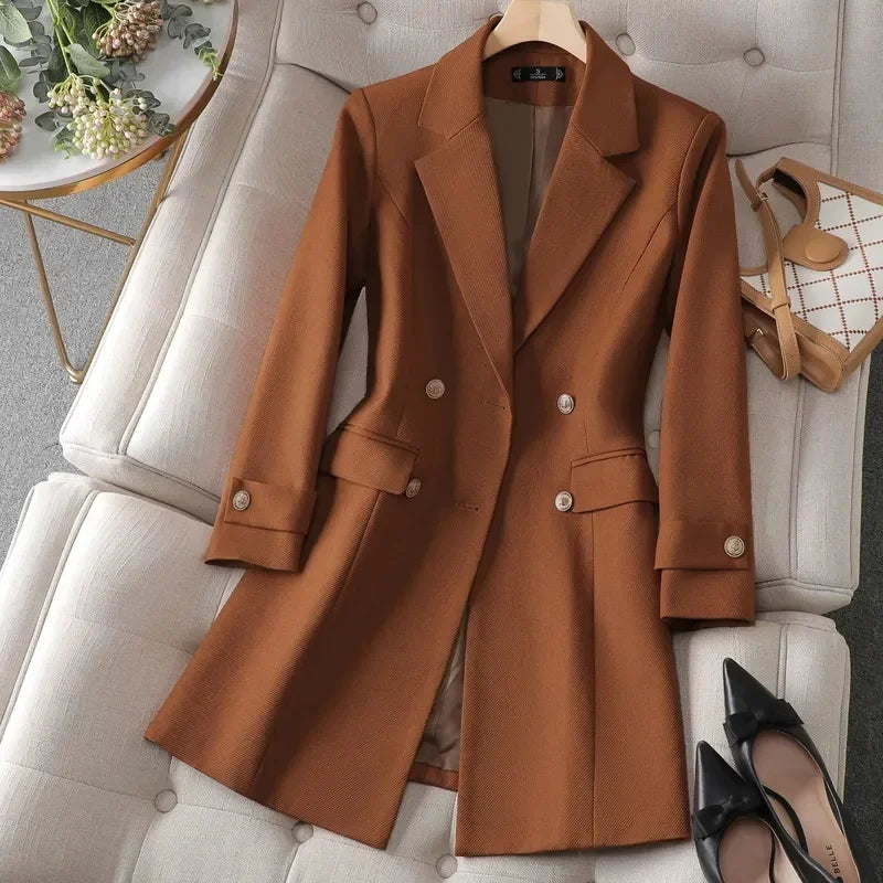 Autumn Winter Jacket Women Long Blazer Khaki Coffee Black .