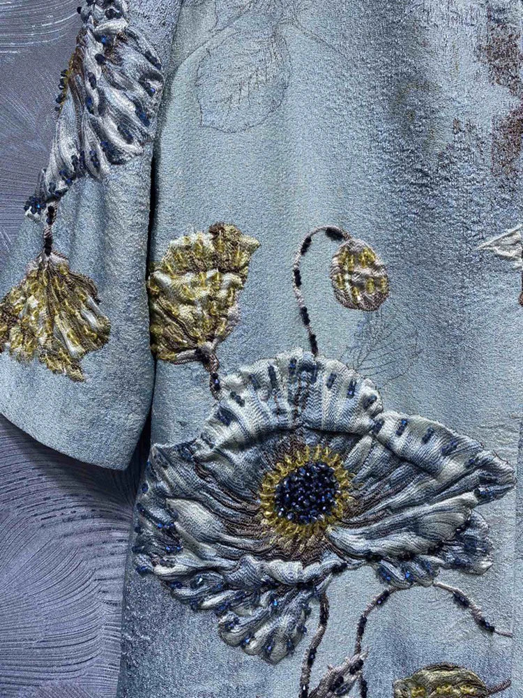 DLDENGHAN Beading Jacquard Coat For Women O-Neck Long Sleeves.