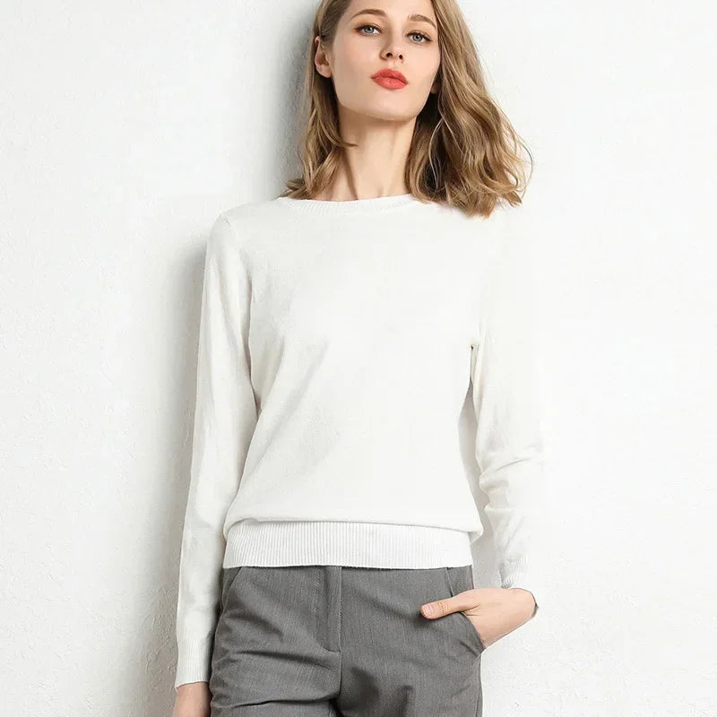Women Slim O-Neck Pullover Cashmere Wool Blending Sweater.
