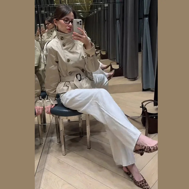 Fashion Women's Short Belt Jackets Long Sleeve Stand Collar Double Breasted Female Coat 2025 Autumn Lady Solid Outwear