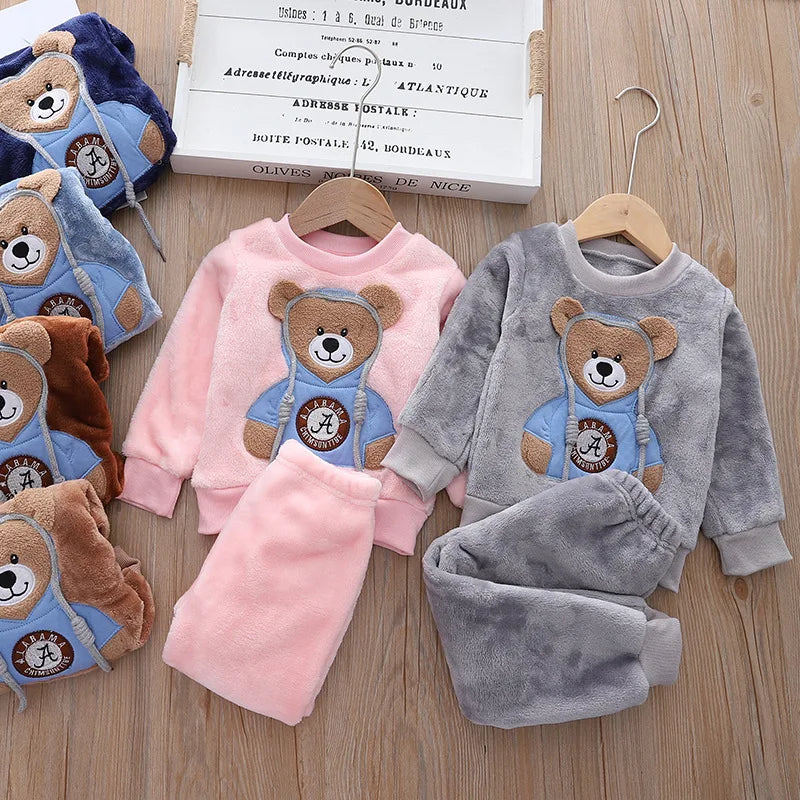 winter Baby Boy Girl Thicken Pajamas Set Flannel Fleece Toddler Child.