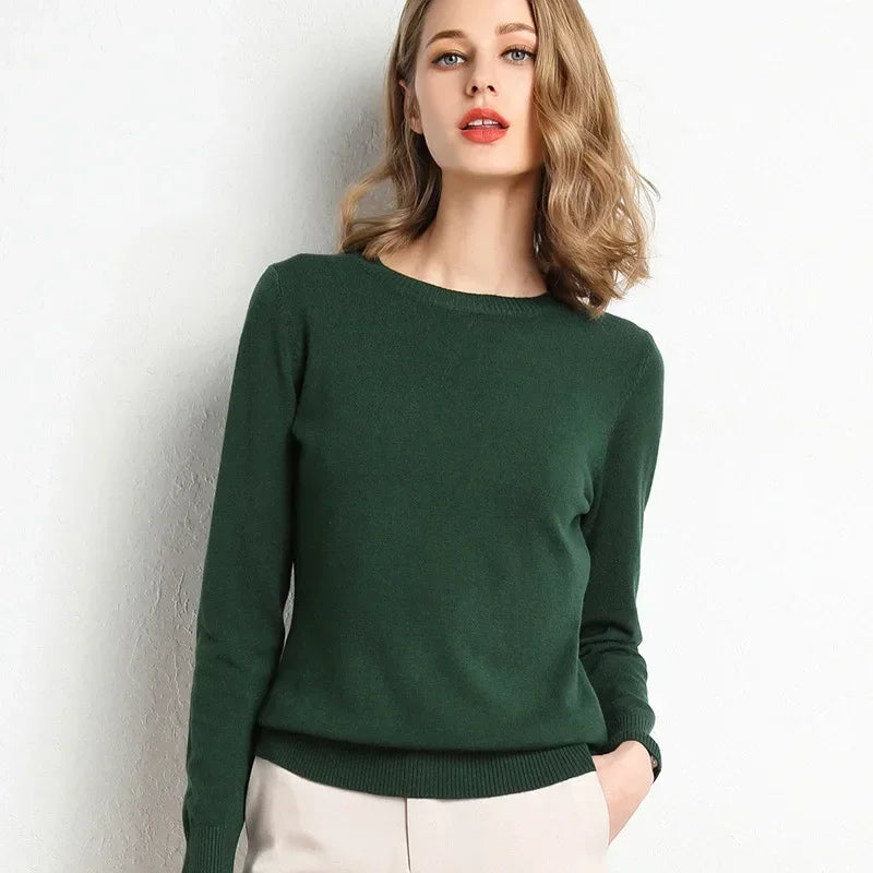 Women Slim O-Neck Pullover Cashmere Wool Blending Sweater.