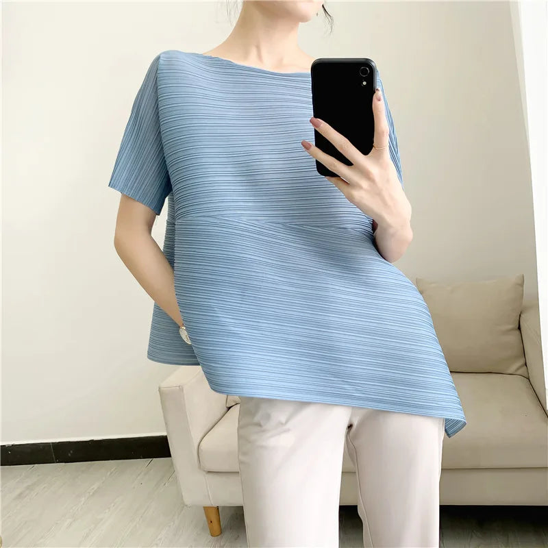 Miyake style pleated tops for women 2024 summer new high-end loose large size stretch fabric clothes temperament T-shirt