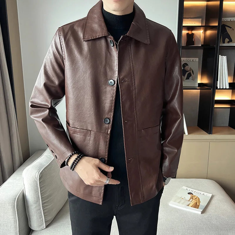 brand slim leather jacket coat Men Business Casual Autumn winter.