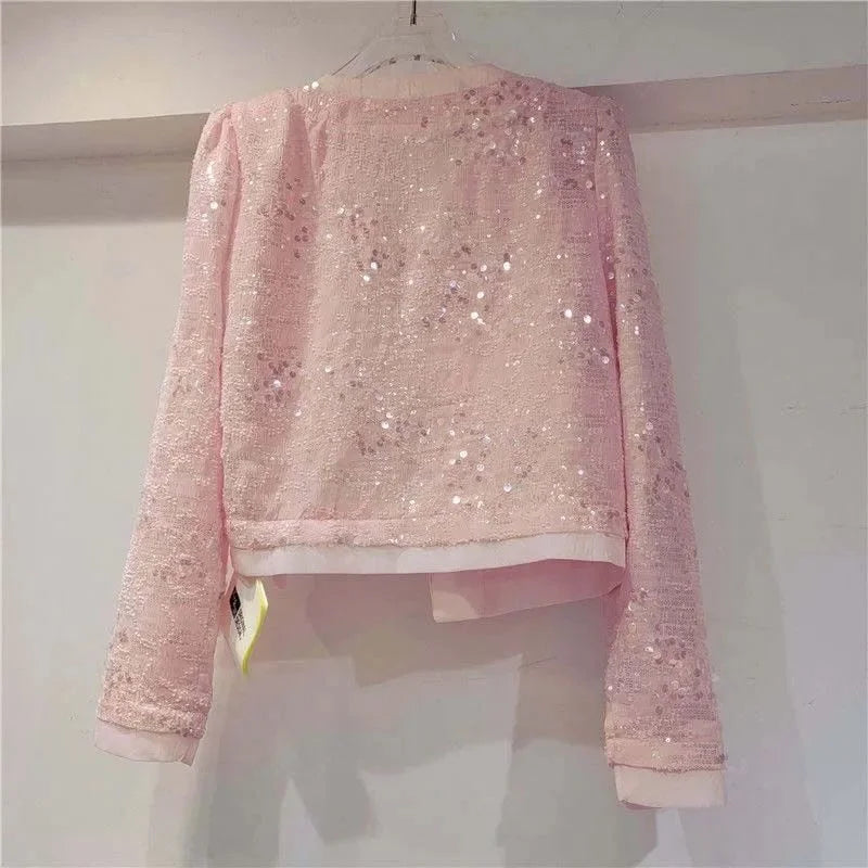 Women's Korean Outerwear Cardigan Splicing Sequin Jacket .