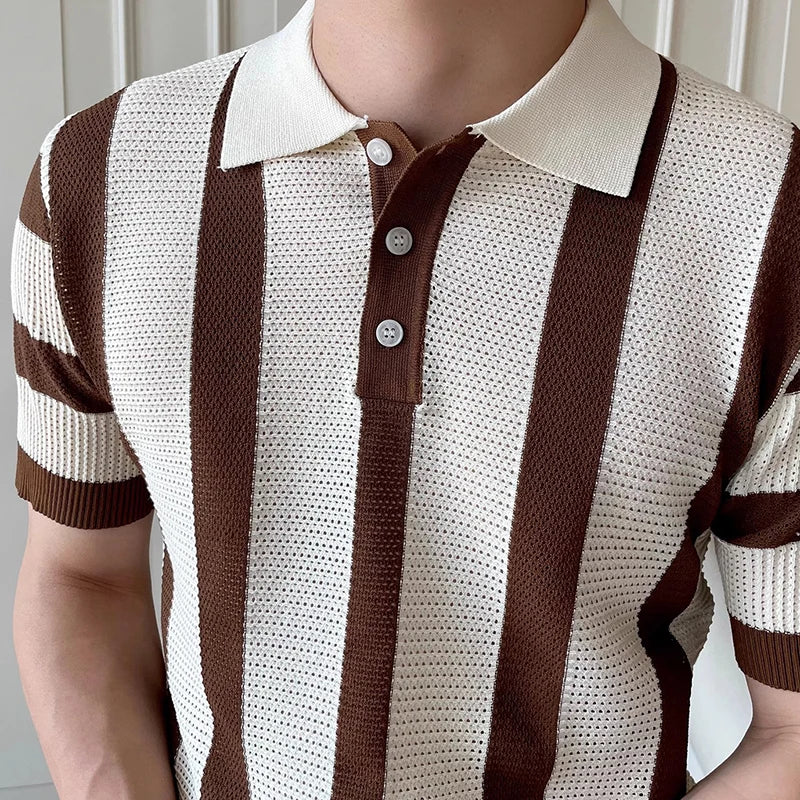 Stylish Mens Slim Short Sleeve Polo Shirts Knitting Striped Contrast Color Polo T Shirt For Men Summer New Casual Buttoned Polos