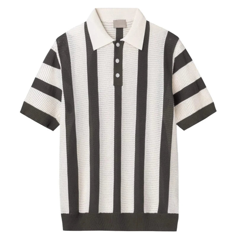 Stylish Mens Slim Short Sleeve Polo Shirts Knitting Striped Contrast Color Polo T Shirt For Men Summer New Casual Buttoned Polos