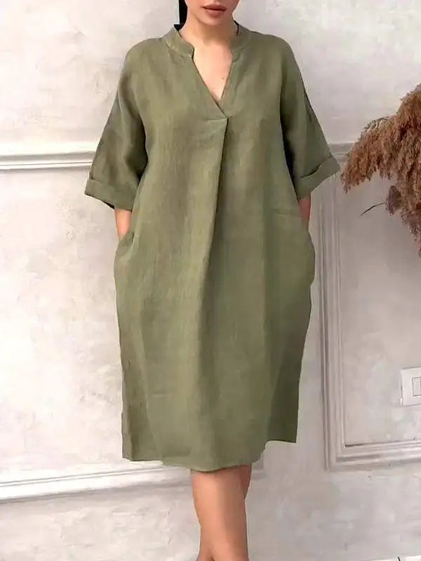 Fashion Cotton And Linen Women's V-neck Loose Dress women fashion'/MH