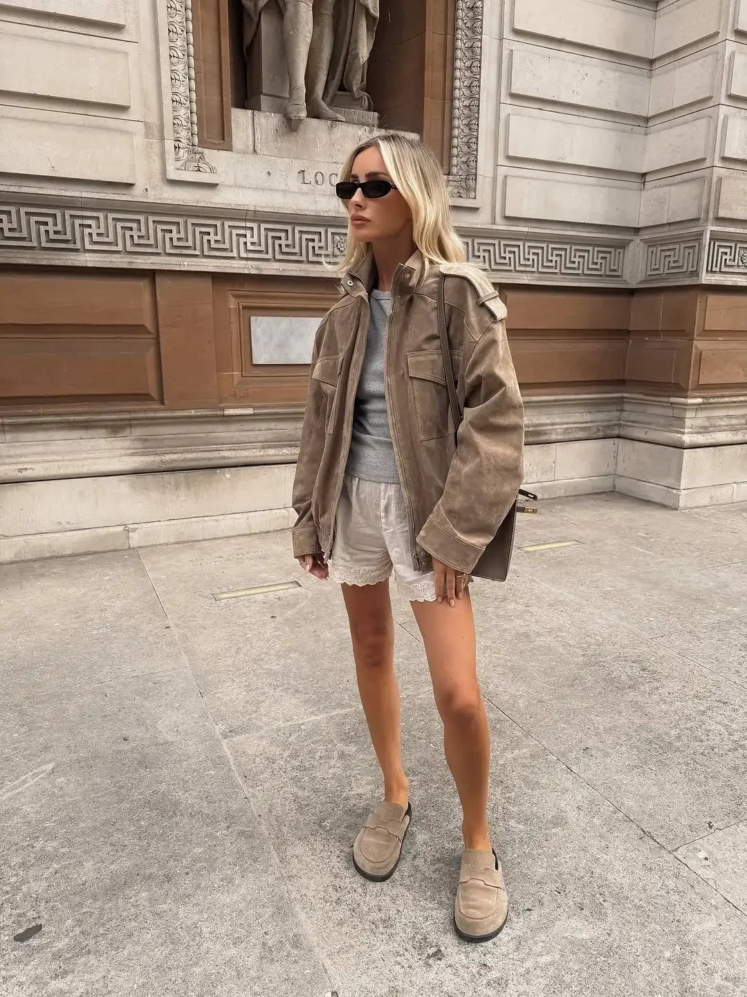 Solid Suede Zipper Cropped Jacket Women Casual Stand Collar .