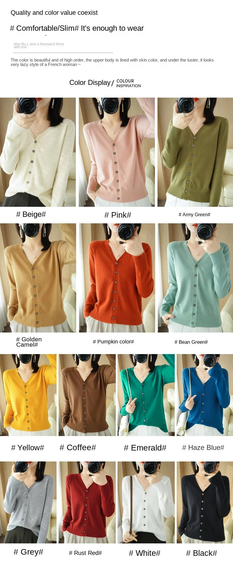 Cashmere Knit Cardigan V-Neck Solid Color Fashion High-Grade Comfortable.