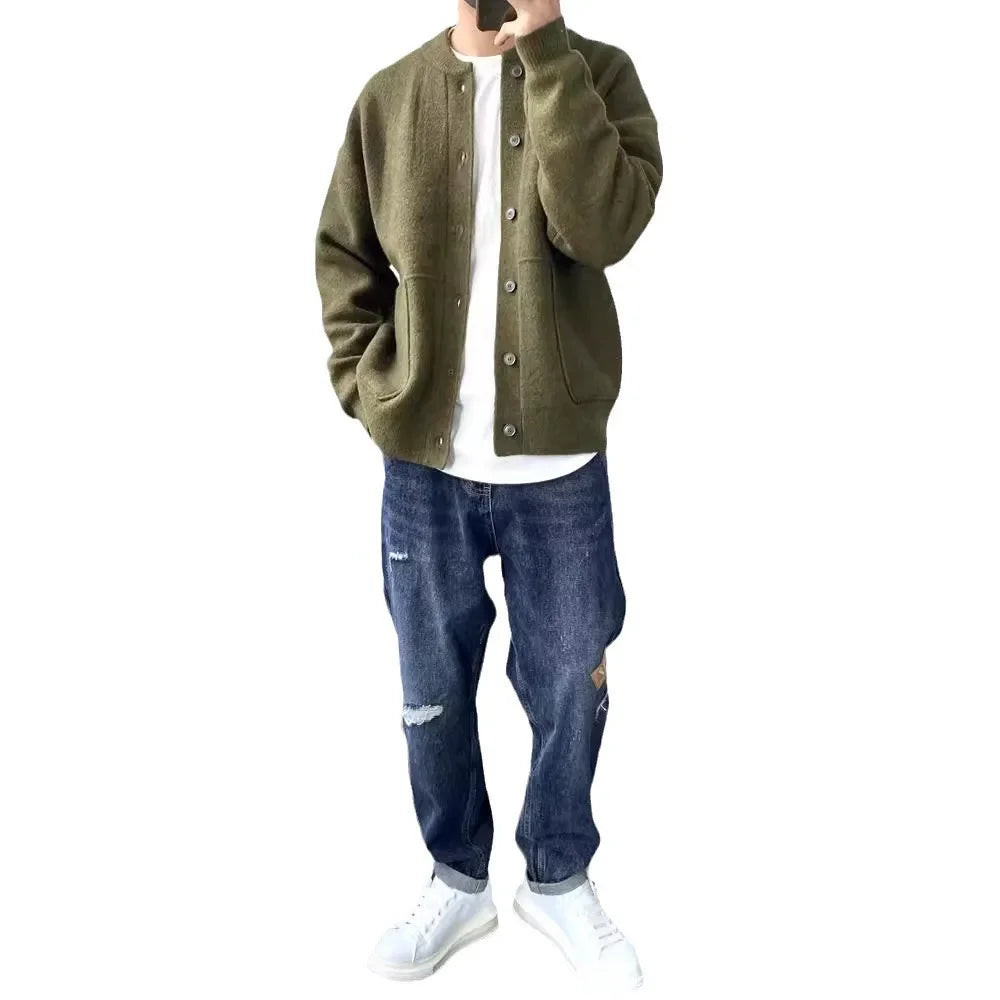 Japanese Style Men's Cardigan Sweater Knitted Top Round Neck Jacket.