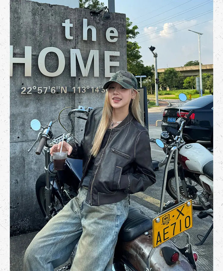 American Vintage Short Motorcycle Leather Jacket Women.