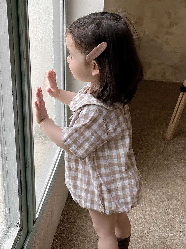 2025 Summer New Baby Girl Plaid Bodysuit Newborn Toddler Girl Dot Print Short Sleeve Jumpsuit Cute Infant Princess Clothes