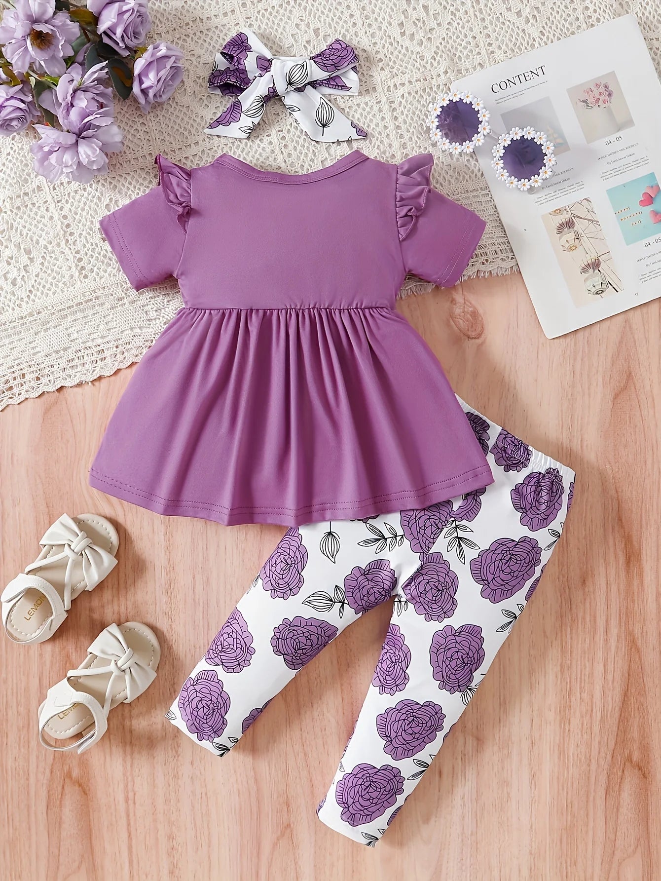 0-3 Years Baby Girl 3PCS Clothes Set Purple Short Sleeved Top+Floral Pants+Headband Fashion Toddler Girl Summer Daily Outfits