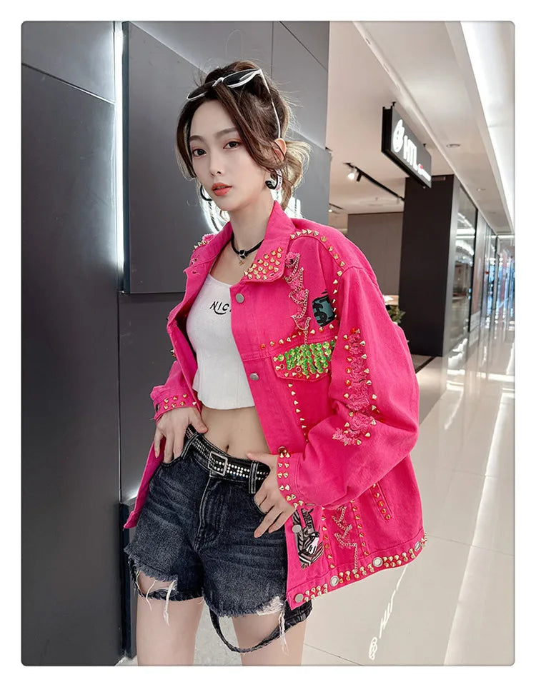 Women Graffiti Printed Rivets Denim Jacket Loose Holes Diamonds .