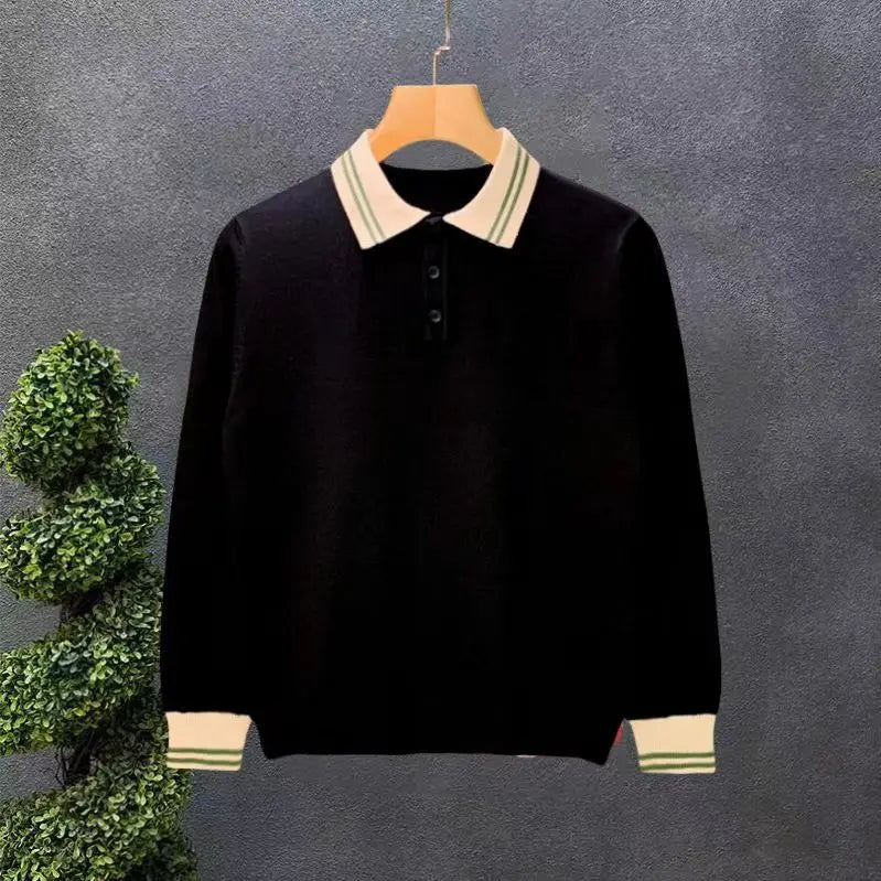 Spring Autumn Men's Light Luxury turn-down collar Knitted Polo Shirt Solid Color Long-sleeved Pullover Knitwear Streetwear