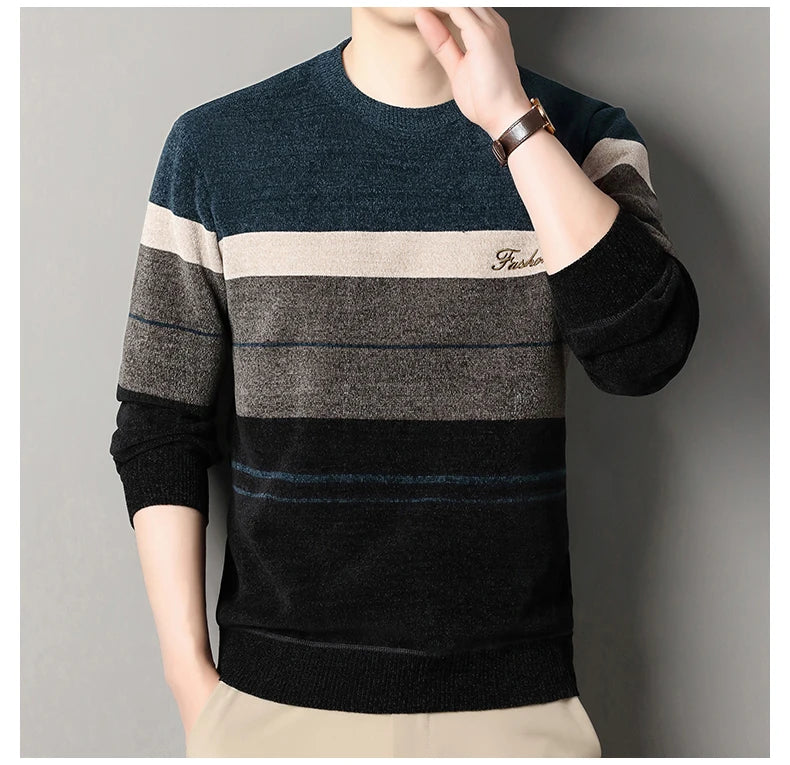 Mens Fashion Striped Sweater Round Neck Pullover Fleece.