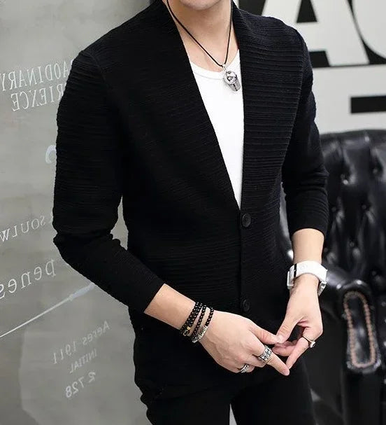 Knit Sweater Male Men's Clothing Cardigan Black Slim Fit Plain .