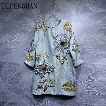 DLDENGHAN Beading Jacquard Coat For Women O-Neck Long Sleeves.