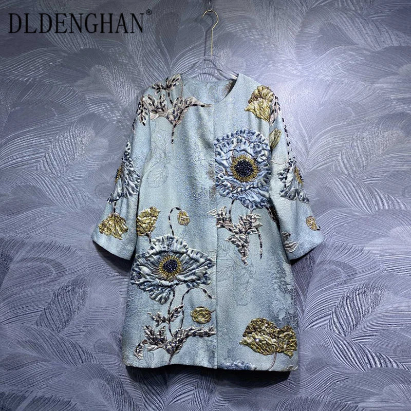 DLDENGHAN Beading Jacquard Coat For Women O-Neck Long Sleeves.