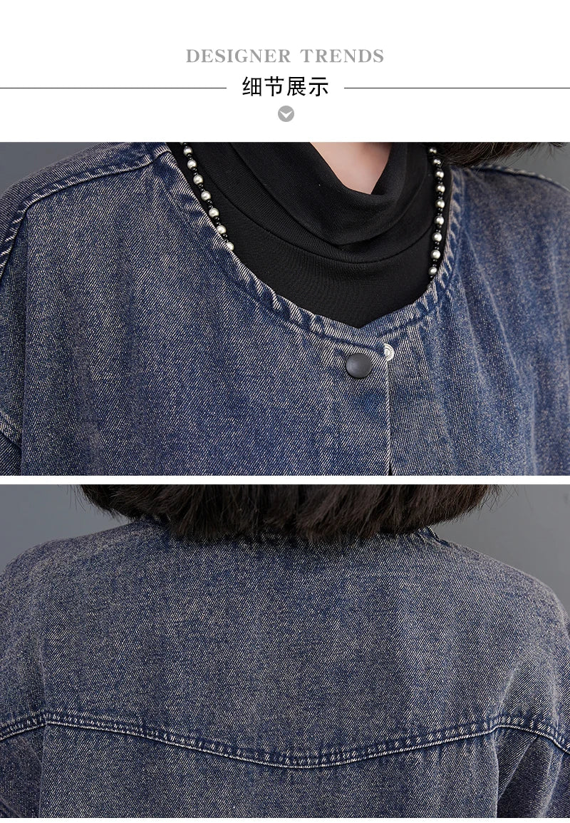 Women Long Sleeve  Denim Jackets Big Pocket Vintage Blue Short Coat .