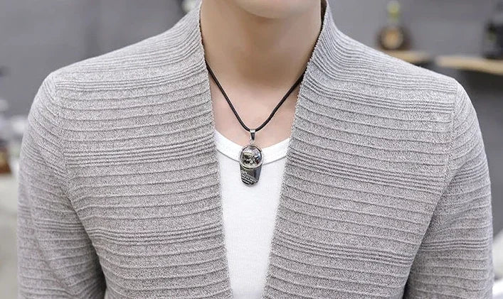 Knit Sweater Male Men's Clothing Cardigan Black Slim Fit Plain .