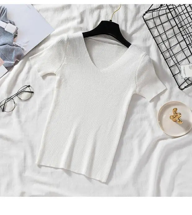 V-neck Solid Thin Summer Women Pullover Female Knitted Ribbed Sweater.