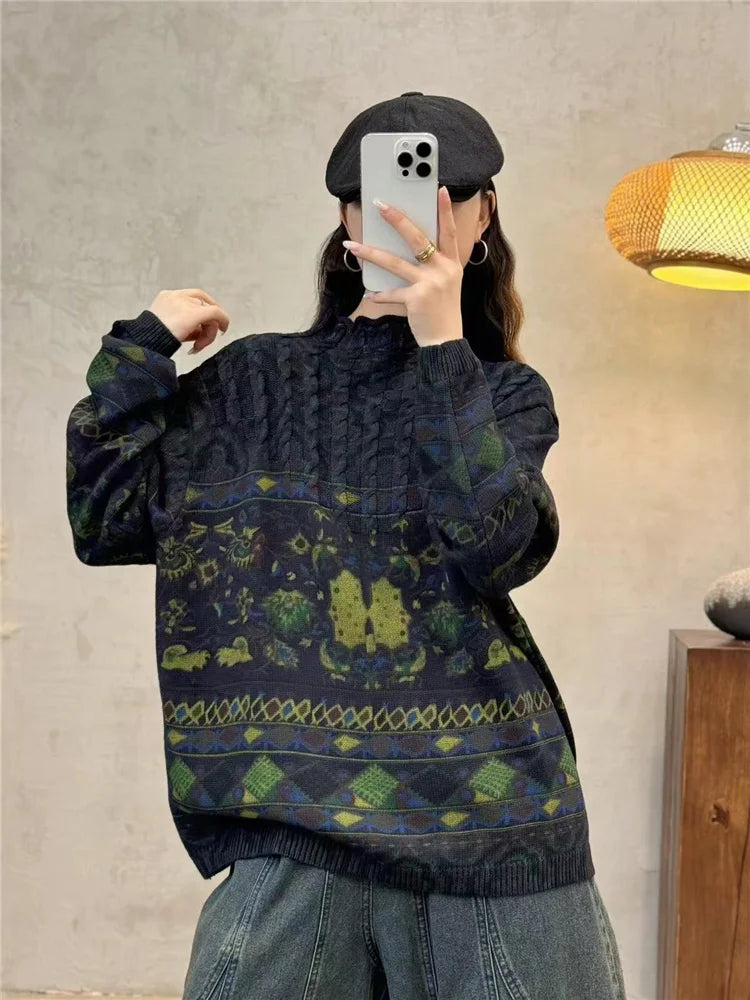 Amax luluE Fashion Pullover Woman Winter Printed Loose.