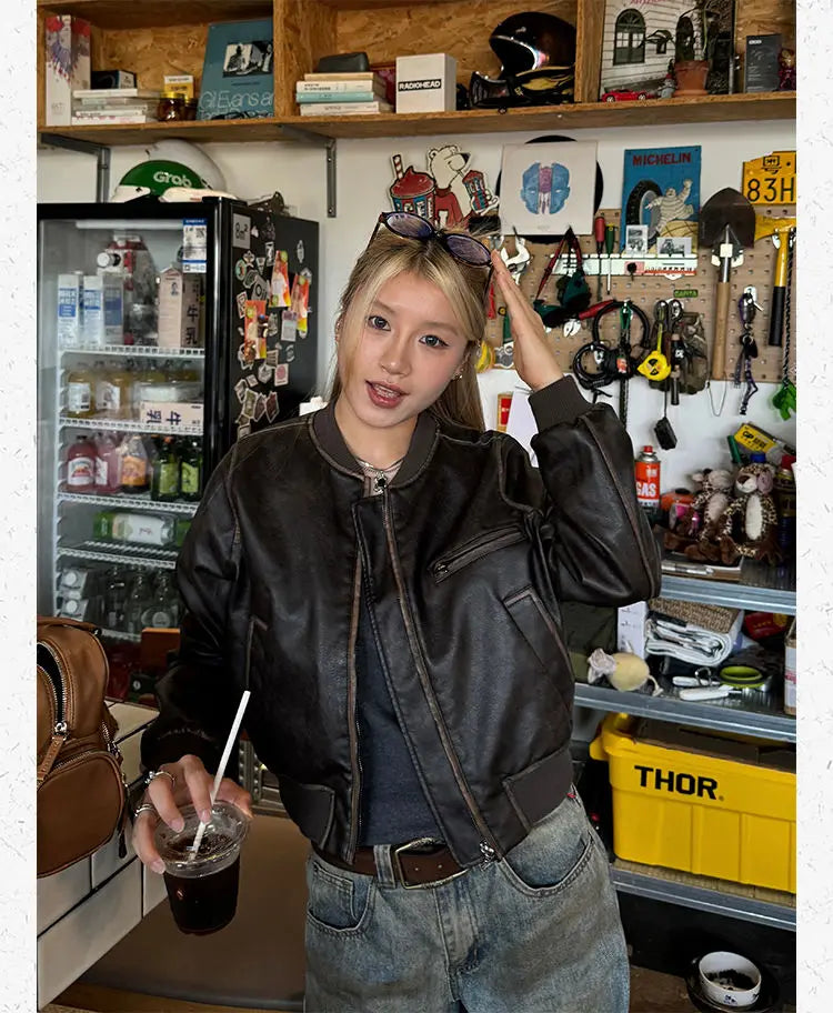American Vintage Short Motorcycle Leather Jacket Women.