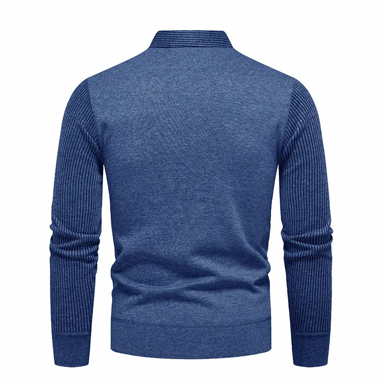 Autumn and Winter New Men's Fake Two Piece Sweater with Fleece and Slim Fit Polo Collar Knitted Bottom Shirt Thickened and Warm