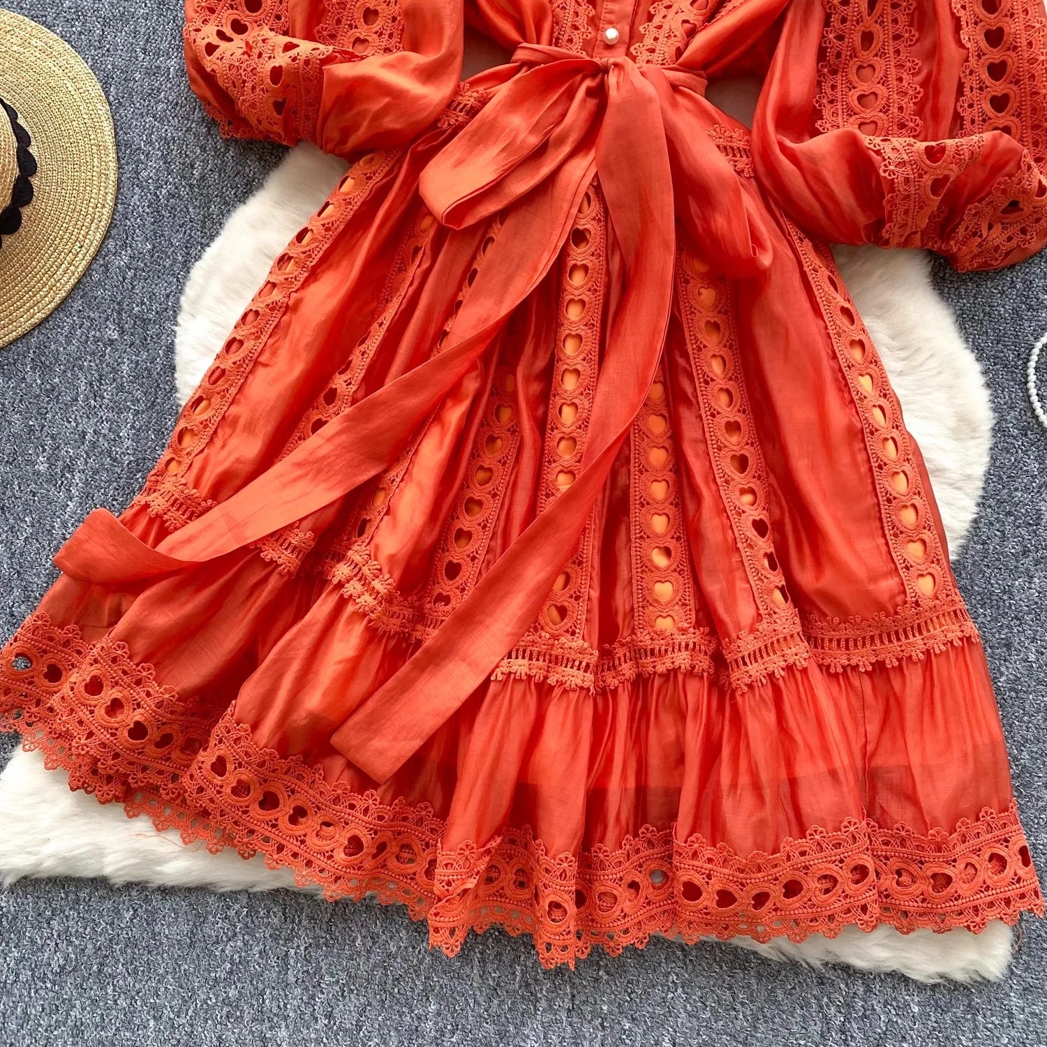 Spring Summer Embroidery Lace Stitching Hollow Out Midi Dress Women's Stand Collar Single Breasted Belt Loose Party Vestidos