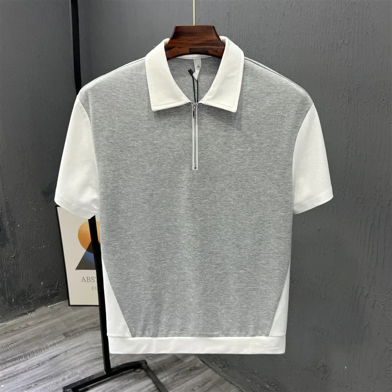 Fashionable Half-zipped Men's Polo Shirt Casual Color Block Short Sleeves Summer Trendy Lightweight Style Men's T-shirt