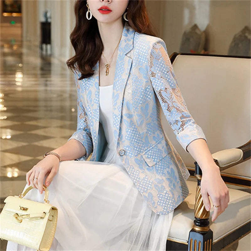 New Summer Thin Small Suit Jacket Lace Hollowed Blazer Lady.