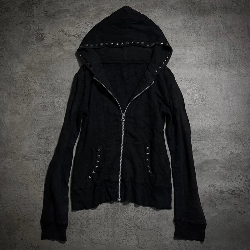 Winter riveted cool girl Gothic zipper hoodie coat  cardigan jacket.