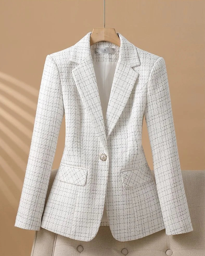 Fashionable White Checkered Suit Jacket For Women  .
