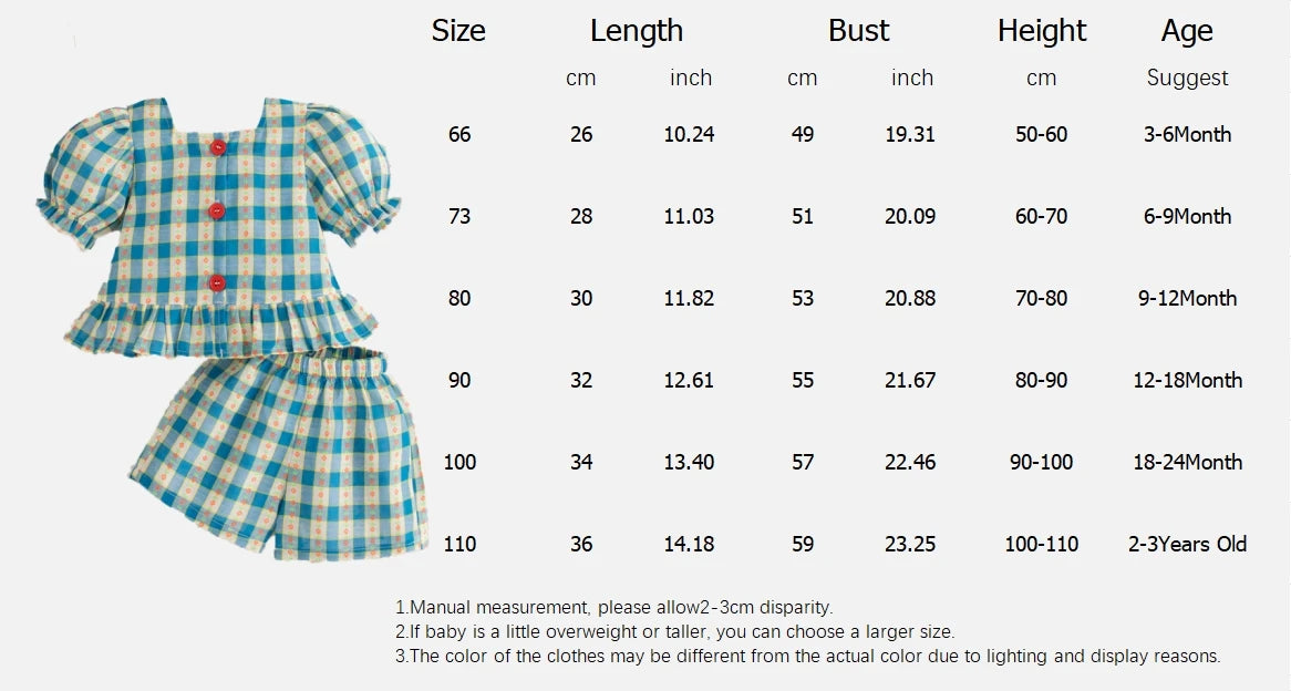 Baby Girl Set Blue Plaid Printed Bubble Sleeve Top with Shorts Suit Summer Girl Outdoor Outfit