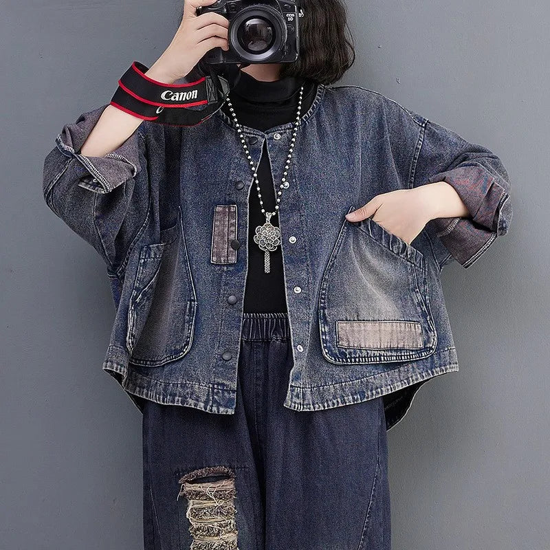 Women Long Sleeve  Denim Jackets Big Pocket Vintage Blue Short Coat .