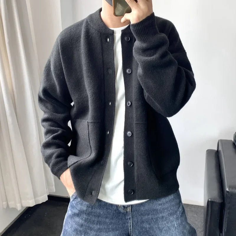 Japanese Style Men's Cardigan Sweater Knitted Top Round Neck Jacket.