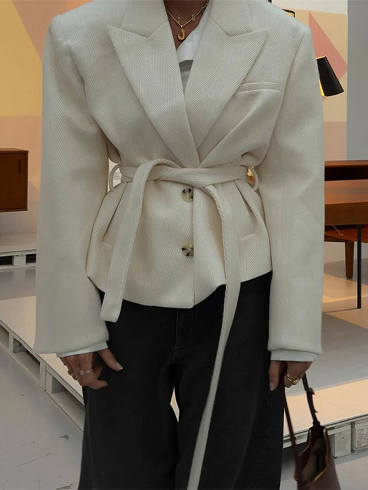 Lace Up Twill Coat Jacket Waist Cinching Suit Collar Two Buttons.