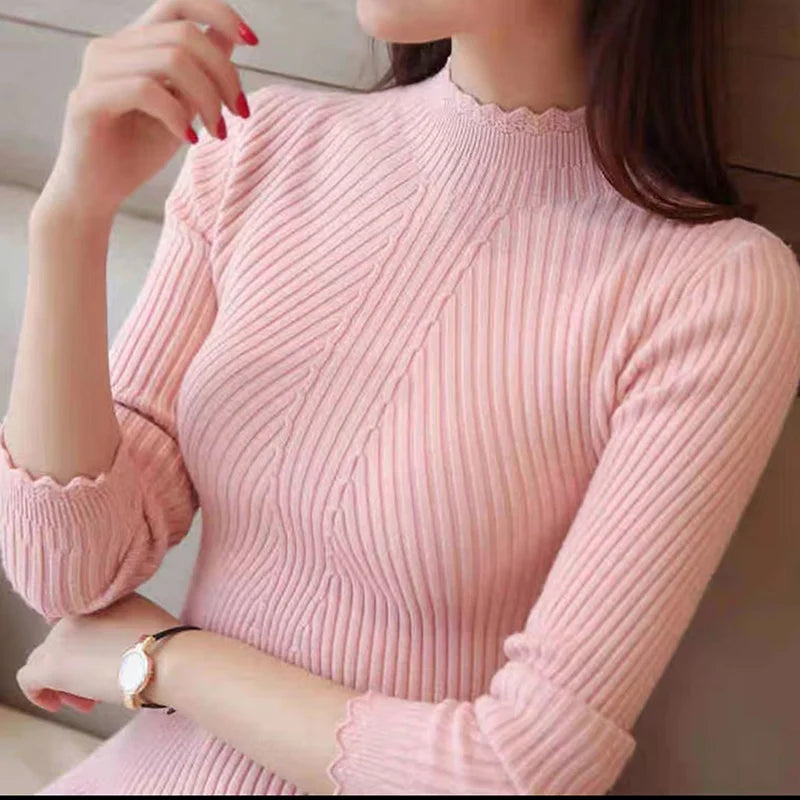Autumn Women Mock Neck Ruffles Sweater Long Sleeve.