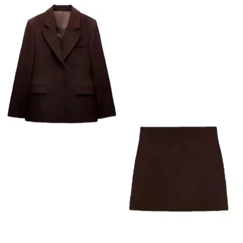 Elegant Lapel Blazer Skirt Set Women Casual Slim.