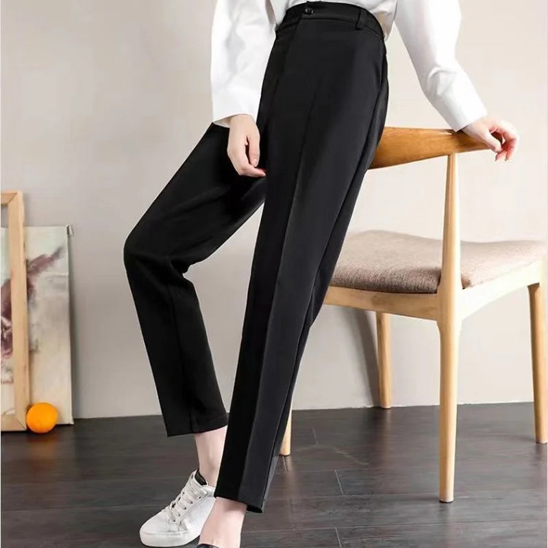 Fashion Office Pocket Black Loose Ankle-Length Pants Women New High Waist Korean Zipper Button All-match Lady Straight Trousers