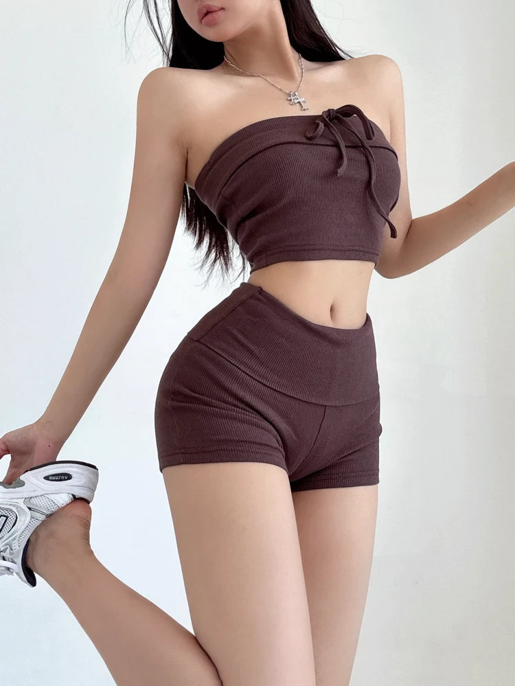 Summer Spicy Girl Casual Lace Up Bra Flip Waist Shorts Two Piece Fashion Set Fashion Casual Women Shorts Set 2024 New TX7C
