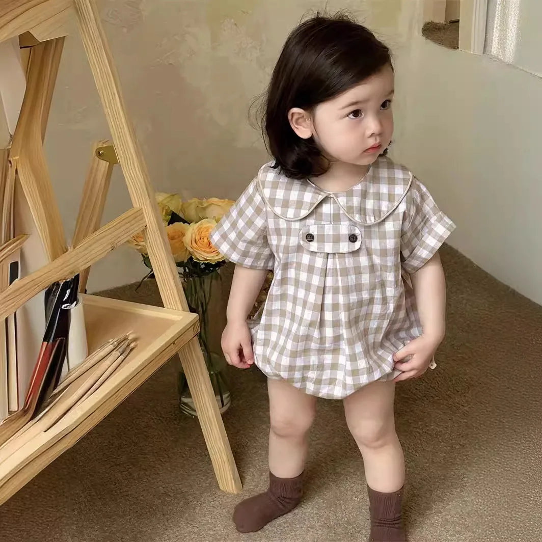 2025 Summer New Baby Girl Plaid Bodysuit Newborn Toddler Girl Dot Print Short Sleeve Jumpsuit Cute Infant Princess Clothes