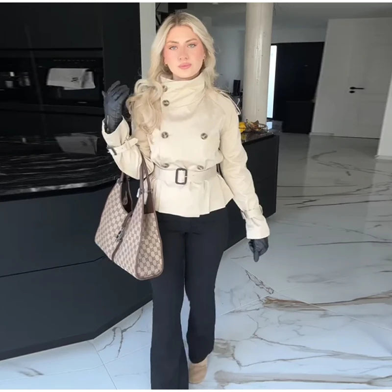 Fashion Women's Short Belt Jackets Long Sleeve Stand Collar Double Breasted Female Coat 2025 Autumn Lady Solid Outwear