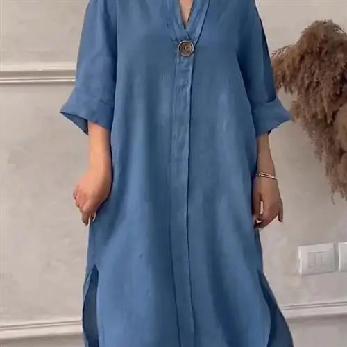 Women's Casual Button-Up Linen irt Long Ne round Color women fashion;/MH